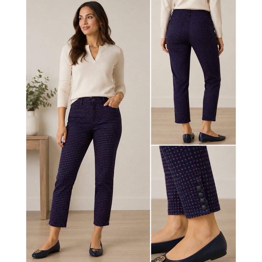 Tory Burch Printed Straight Leg Ankle Jeans Navy Blue Pink Dot Size 30